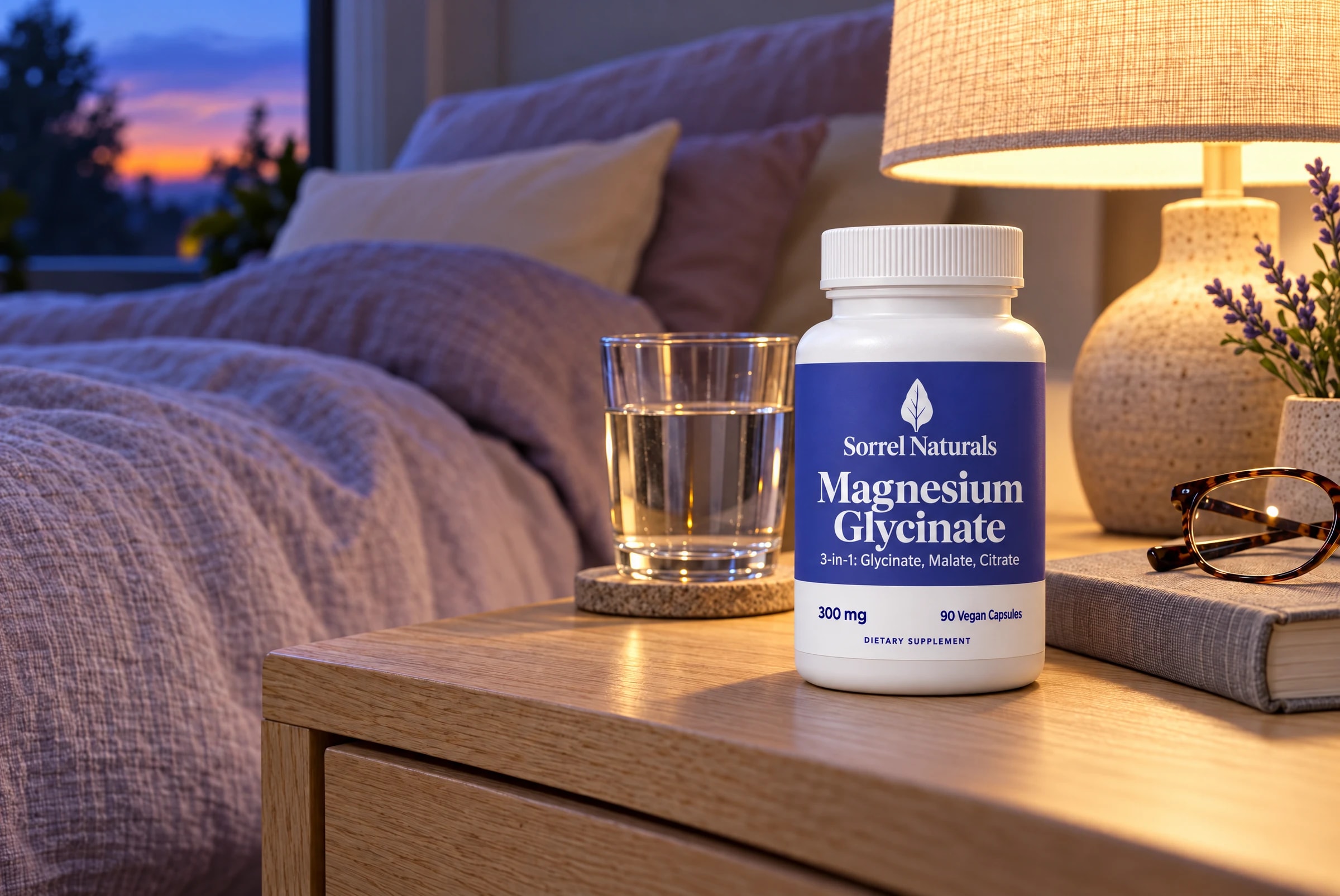 The magnesium bottle on a nightstand at dusk, the evening routine in one frame