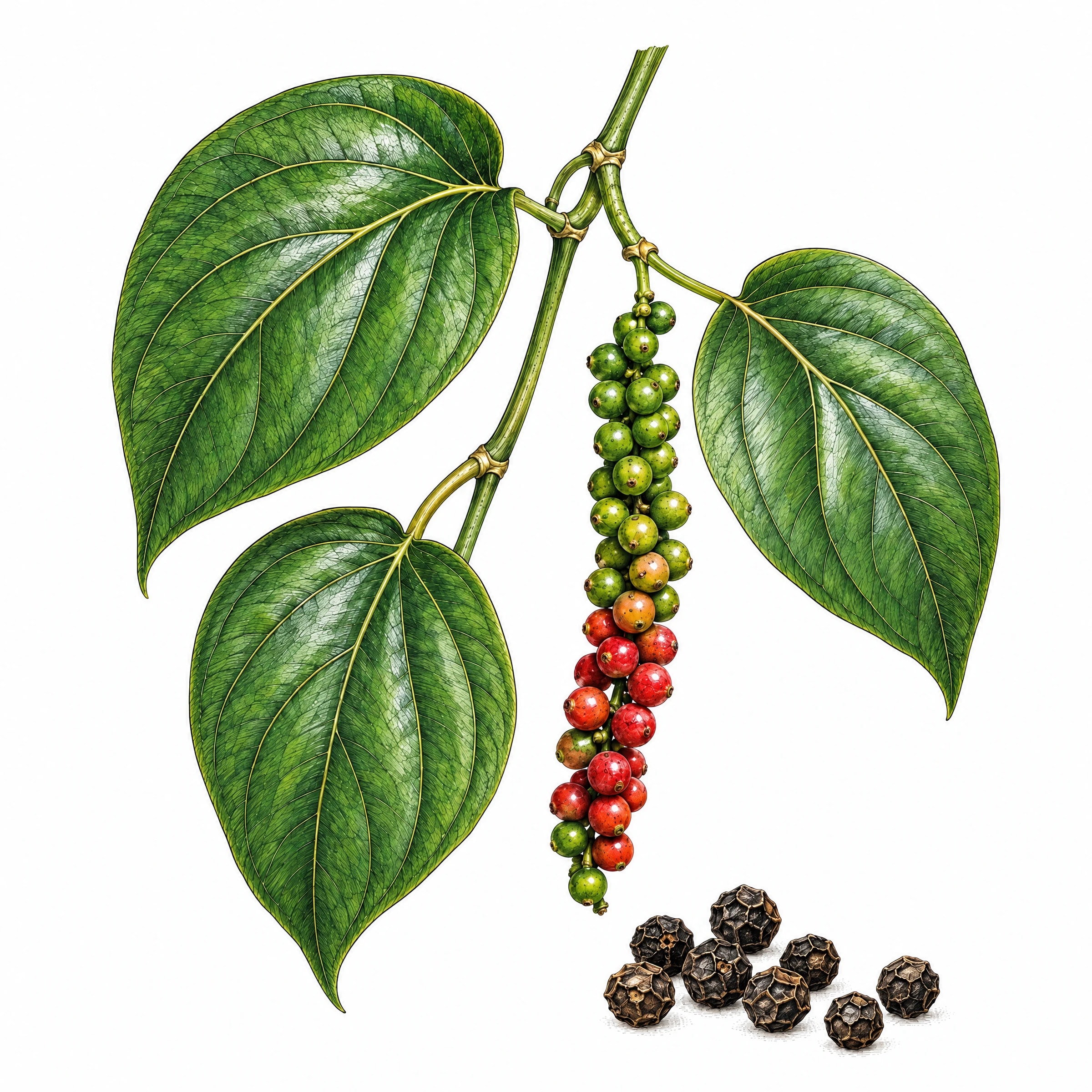 Botanical illustration of a black pepper vine with ripening peppercorns