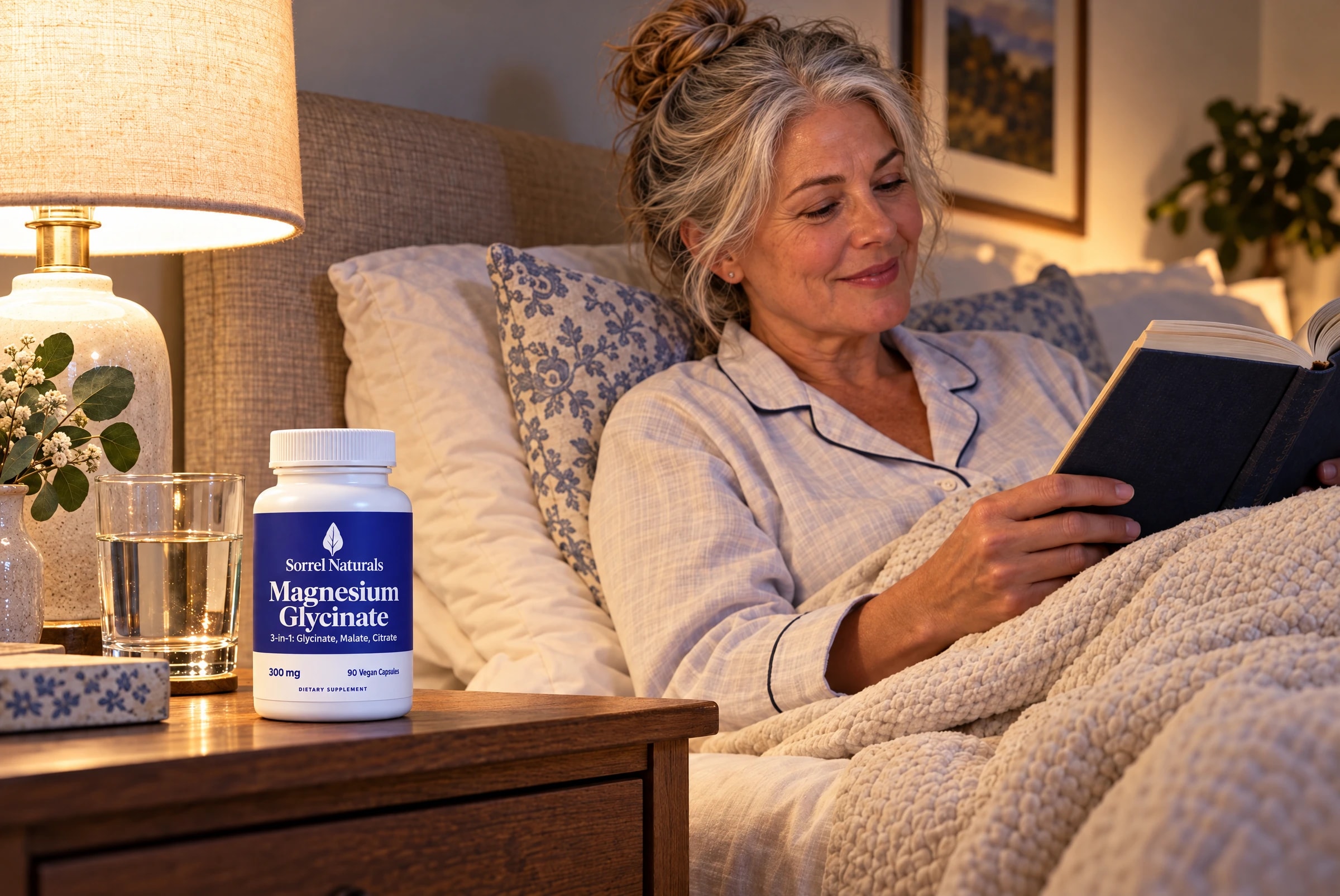 A woman reading in bed in the evening, the magnesium bottle on her nightstand