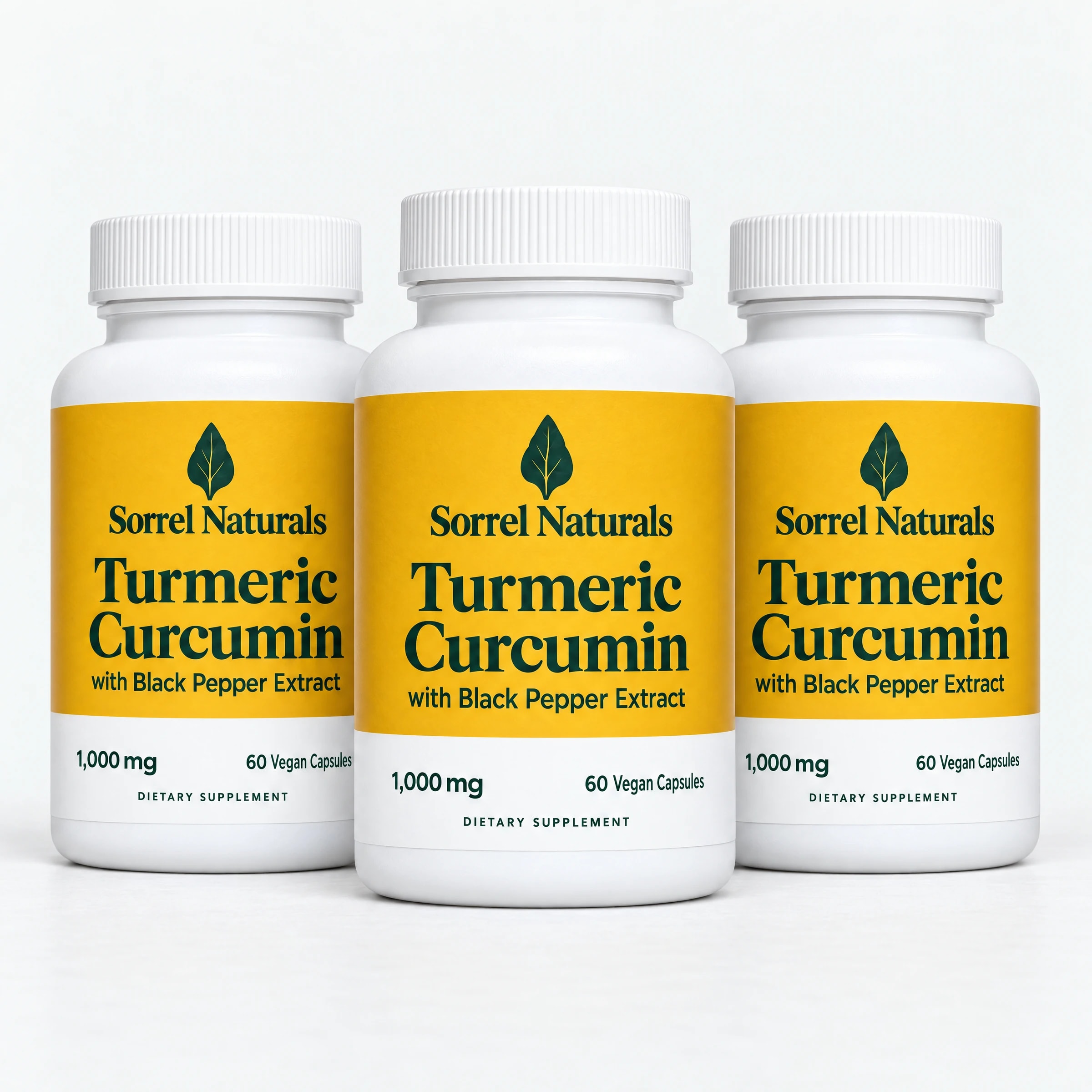 Three bottles of Sorrel Naturals Turmeric Curcumin, the Buy 2 get 1 free bundle