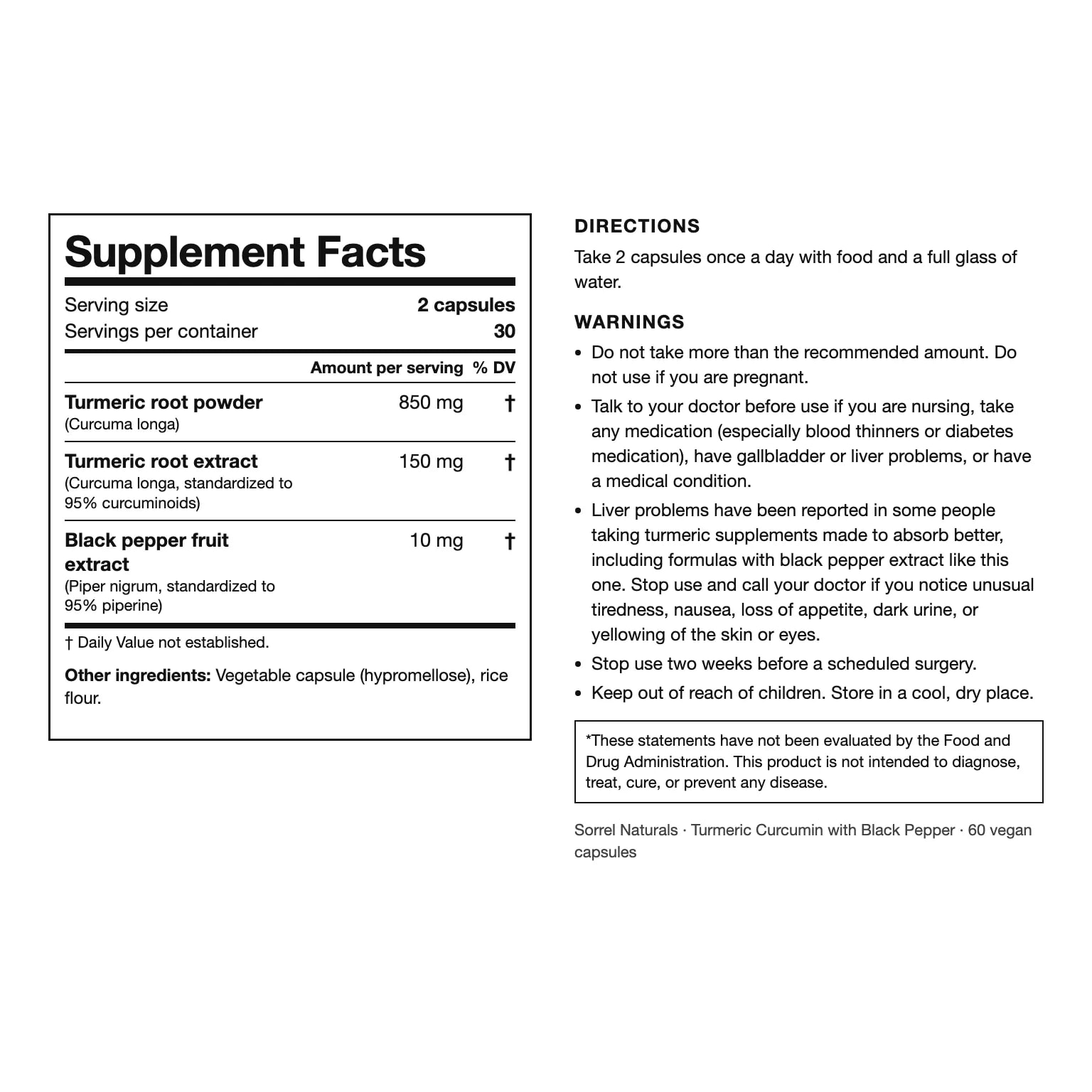 The back label of Sorrel Naturals Turmeric Curcumin: Supplement Facts, directions and warnings