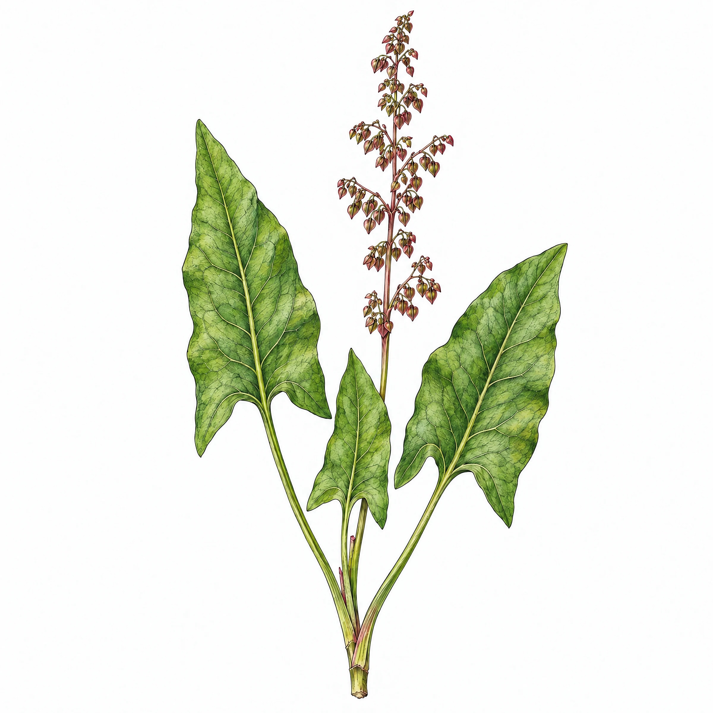 Botanical illustration of garden sorrel, with arrow-shaped leaves and a slender seed stalk