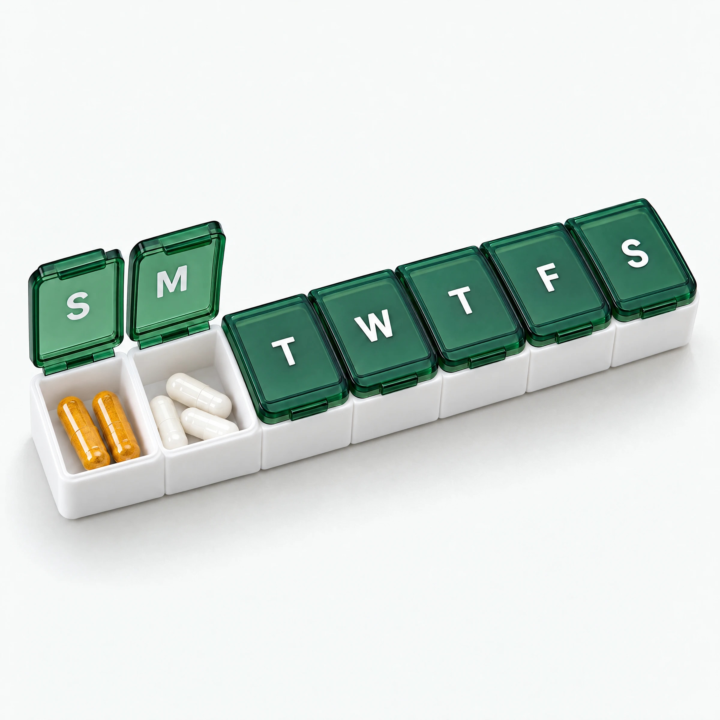 A seven-day pill organizer with green flip lids, two open with capsules inside